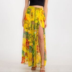 Tropical Maxi Skirt Double Thigh High Front Slits Yellow Floral Print  Resort